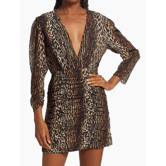 Rixo Golden Leopard Stretch Silk Ruched Deep V Neck Mini Dress 2 - Picture 1 of 10